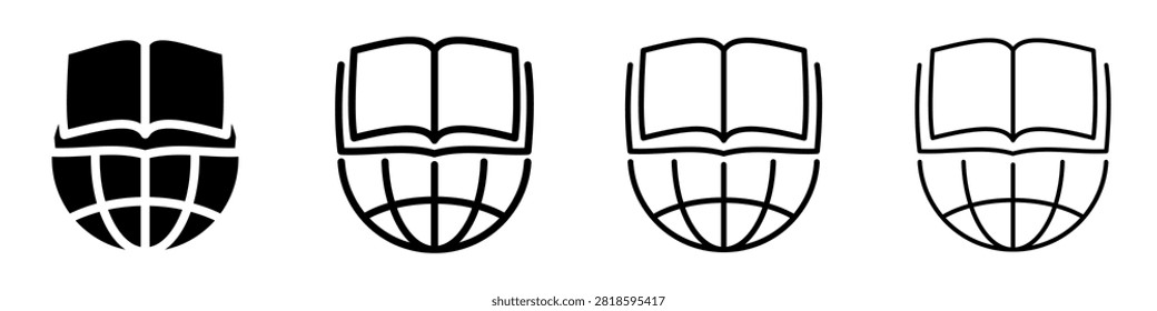 A conceptual icon representing worldwide learning, literature, and information access through a combination of an open book and a globe