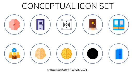 conceptual icon set. 10 flat conceptual icons.  Collection Of - brain, time management, door, reflect