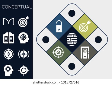 conceptual icon set. 13 filled conceptual icons.  Simple modern icons about  - Brain, Target, Doors, Doorknob, Door