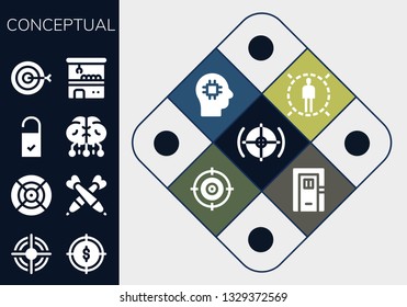 conceptual icon set. 13 filled conceptual icons.  Collection Of - Target, Dart, Darts, Doorknob, Brain, Claw machine, Door