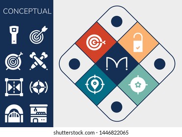 conceptual icon set. 13 filled conceptual icons.  Simple modern icons about  - Doors, Door, Claw machine, Reflect, Target, Darts, Opener, Doorknob