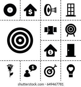Conceptual icon. set of 13 filled conceptualicons such as door, rose, bulb heart, target, buying a house, house sale, arrows in target