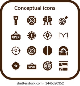 conceptual icon set. 16 filled conceptual icons.  Simple modern icons about  - Opener, Dart, Brain, Target, Open, Doors, Door, Claw machine