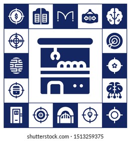 conceptual icon set. 17 filled conceptual icons.  Simple modern icons about  - Target, Brain, Claw machine, Door, Doors, Open