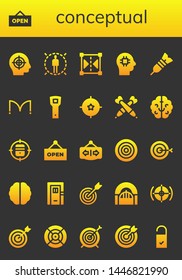 conceptual icon set. 26 filled conceptual icons.  Simple modern icons about  - Target, Open, Reflect, Brain, Dart, Doors, Opener, Darts, Dartboard, Door, Doorknob