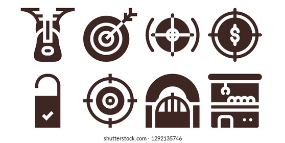  conceptual icon set. 8 filled conceptual icons. Simple modern icons about  - Doorknob, Zipper, Target, Door, Claw machine