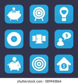 conceptual icon. Set of 9 filled conceptual icons such as bulb heart, target, house sale, piggy bank, door
