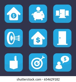 Conceptual icon. set of 9 filled conceptual icons such as door, office room, buying a house, house sale, target, arrows in target, man thinking about money