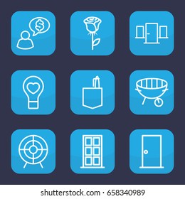 Conceptual icon. set of 9 outline conceptual icons such as door, office room, bulb heart, target, bbq, rose