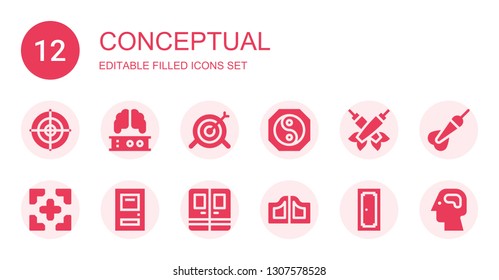 conceptual icon set. Collection of 12 filled conceptual icons included Dartboard, Brain, Target, Yin yang, Darts, Door, Doors, Dart