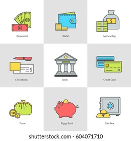 Conceptual icon set flat design. Money, payment and finance modern symbols with contour for web sites and mobile applications, vector illustration