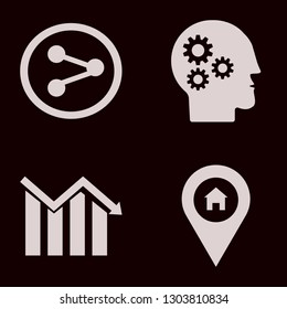 conceptual icon set with gear head, house location and descending graph vector illustration