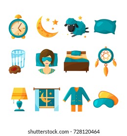 Conceptual icon set of sleeping. Vector symbols of healthy sleep collection icons. Illustration of dream and moon