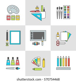 Conceptual icon set, vector illustration of modern items, accessories and devices for design and art. Flat minimalist style with contour for Web and Mobile App