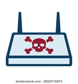 A conceptual icon showing a wireless internet router with a skull and crossbones symbol, representing malware, hacking, network vulnerability, and data privacy.