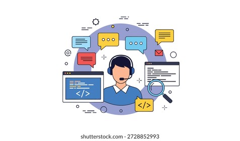 Un ícono conceptual de un agente de Asistencia tecnológica o programador que proporciona Servicio al cliente, rodeado de Elementos de interfaz de código, chat y búsqueda.