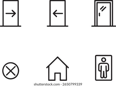 Conceptual Iconography for Accessibility Wayfinding Featuring Doors, Exits, Home, Symbol, and Amenities in Simple Black and White Art