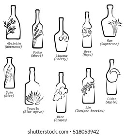 Conceptual icons of alcoholic beverages with the image of raw material from that they are produced with the names