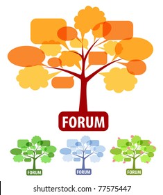 Conceptual icons of forum or chat: the tree of speech bubbles, four season of year as fall, winter, spring and summer.Vector graphic for forum concept.