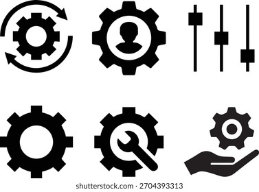 Ícones conceituais de engrenagens, ferramentas e ajuda mãos representando serviço, fluxo de trabalho e gerenciamento técnico do sistema.