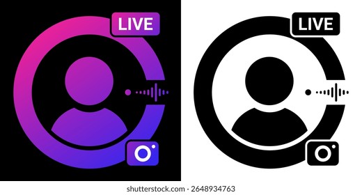 Conceptual Icons for Live Streaming Profiles in Social Media, Featuring Broadcast Elements and Audio Visual Design in Dual Contrast Colors