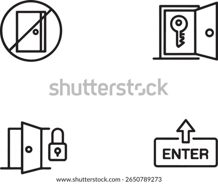 Conceptual Icons Representing Access, Security, and Permission Door Symbolism with Prohibition, Key Access, Secured Entry, and a Directive to Enter