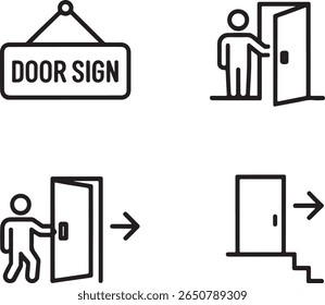 Conceptual Icons Representing Doors, Signage and Accessibility, Illustrating Concepts of Entrance, Exit, Information and Movement in a Minimalist Style