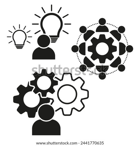 Conceptual icons representing innovation, collaboration, and teamwork. Individual with light bulb, group around gear, person with cogwheels. Vector illustration. EPS 10.