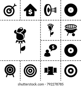 Conceptual icons. set of 13 editable filled conceptual icons such as rose, target, bbq, buying a house, arrows in target, door