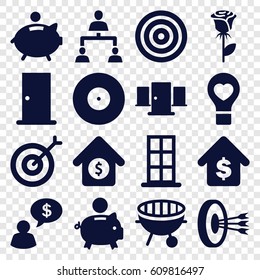 Conceptual icons set. set of 16 conceptual filled icons such as door, rose, bulb heart, structure, bbq, buying a house, house sale, piggy bank, target, arrows in target