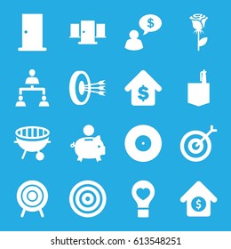 Conceptual icons set. set of 16 conceptual filled icons such as door, office room, rose, bulb heart, target, structure, bbq, buying a house, house sale, arrows in target