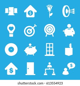 Conceptual icons set. set of 16 conceptual filled icons such as door, office room, rose, bulb heart, target, structure, buying a house, house sale, piggy bank