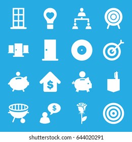 Conceptual icons set. set of 16 conceptual filled icons such as door, office room, rose, bulb heart, target, structure, bbq, buying a house, piggy bank