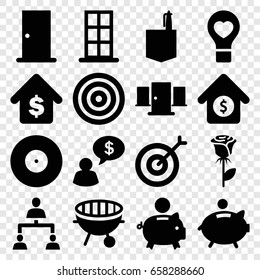 Conceptual icons set. set of 16 conceptual filled icons such as door, office room, rose, bulb heart, structure, bbq, buying a house, house sale, piggy bank, target
