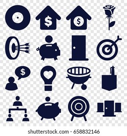 Conceptual icons set. set of 16 conceptual filled icons such as door, office room, rose, bulb heart, target, structure, bbq, buying a house, house sale, piggy bank