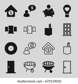 Conceptual icons set. set of 16 conceptual filled and outline icons such as door, office room, bulb heart, bbq, house sale, man thinking about money, piggy bank