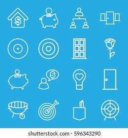 conceptual icons set. Set of 16 conceptual outline icons such as door, office room, bulb heart, target, structure, bbq, buying a house, piggy bank, rose