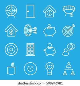 conceptual icons set. Set of 16 conceptual outline icons such as door, office room, bulb heart, target, structure, bbq, buying a house, house sale, piggy bank