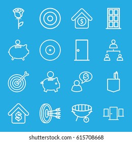 Conceptual icons set. set of 16 conceptual outline icons such as door, office room, structure, bbq, buying a house, house sale, piggy bank, rose, target, arrows in target