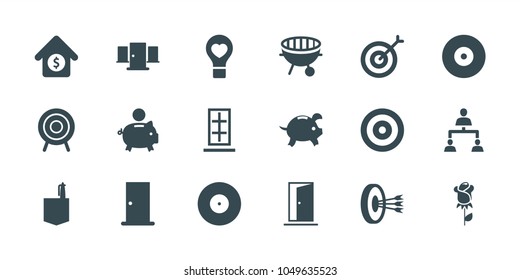 Conceptual icons. set of 18 editable filled conceptual icons: door, office room, piggy bank, target, bulb heart, structure, bbq, house sale, arrows in target