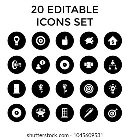 Conceptual icons. set of 20 editable filled conceptual icons such as door, office room, rose, target, bulb heart, structure. best quality conceptual elements in trendy style.