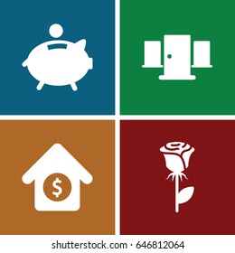 Conceptual icons set. set of 4 conceptual filled icons such as rose, house sale, piggy bank