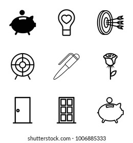 Conceptual icons. set of 9 editable outline conceptual icons such as piggy bank, door, rose, bulb heart, target, arrows in target