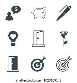 Conceptual icons. set of 9 editable filled and outline conceptual icons such as rose, bulb heart, target, man thinking about money, door, office room