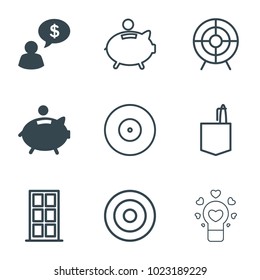Iconos conceptuales. conjunto de 9 íconos conceptuales editables rellenos y esquemáticos como el banco de cerdo, el hombre que piensa en el dinero, la puerta, la oficina, el objetivo