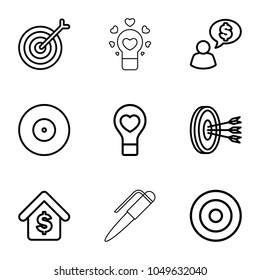 Conceptual icons. set of 9 editable outline conceptual icons such as target, bulb heart, buying a house, arrows in target, man thinking about money