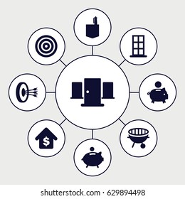 Conceptual icons set. set of 9 conceptual filled icons such as door, office room, bbq, buying a house, piggy bank, arrows in target