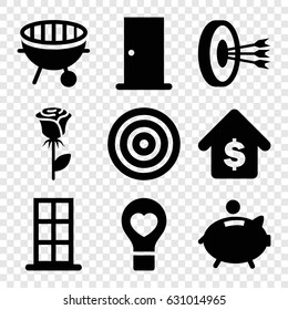 Conceptual icons set. set of 9 conceptual filled icons such as door, rose, bulb heart, bbq, buying a house, piggy bank, arrows in target