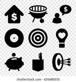 Conceptual icons set. set of 9 conceptual filled icons such as office room, bulb heart, bbq, buying a house, piggy bank, arrows in target, man thinking about money