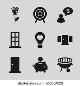 Conceptual icons set. set of 9 conceptual filled icons such as door, rose, bulb heart, target, bbq, man thinking about money